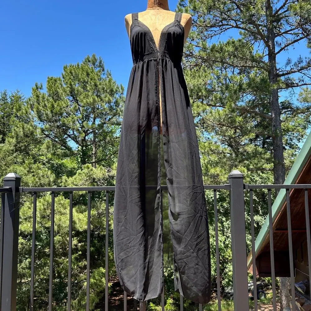 Vintage 80s/90s Black Sheer Chiffon Deep V Maxi Boho Grecian Goth Negligee Gown - Picture 7 of 9